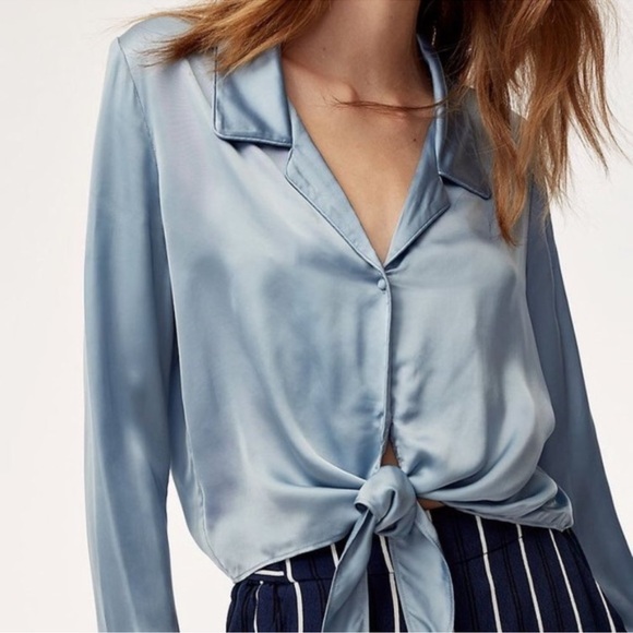 BRAND NEW Wilfred Tie Front Blouse - Granite Blue ARITZIA - Picture 3 of 9